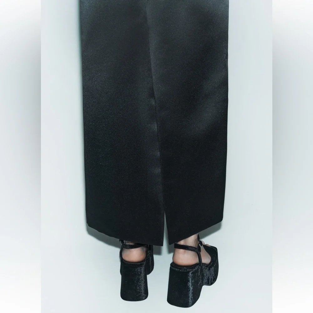 Zara Black Satin Effect high waist Midi Skirt Back Slit Limited Edition XS NWT